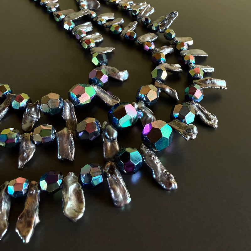 Three-Strand Vintage Black Crystal and Stick Pearl Beaded Necklace