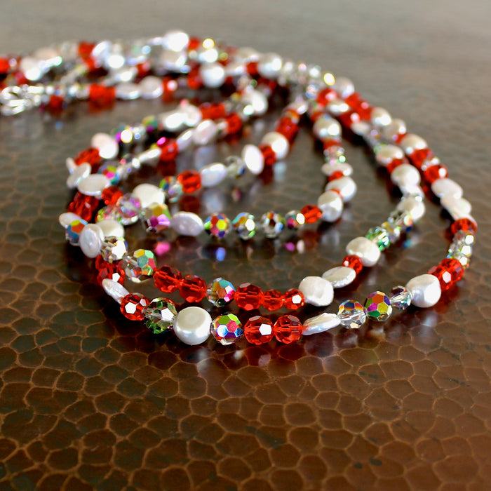Three-Strand Vintage Orange Crystal and Pearl Beaded Necklace