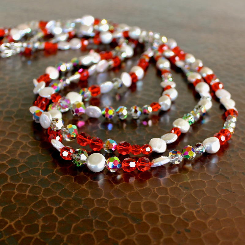 Three-Strand Vintage Orange Crystal and Pearl Beaded Necklace