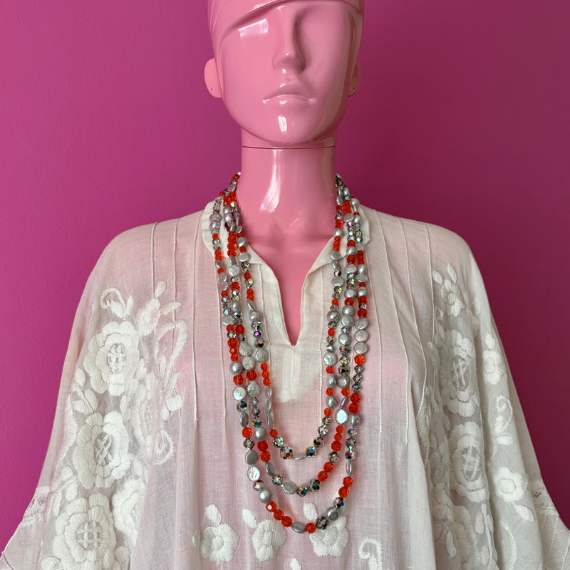 Three-Strand Vintage Orange Crystal and Pearl Beaded Necklace
