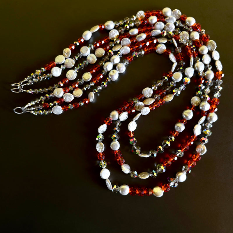 Three-Strand Vintage Orange Crystal and Pearl Beaded Necklace