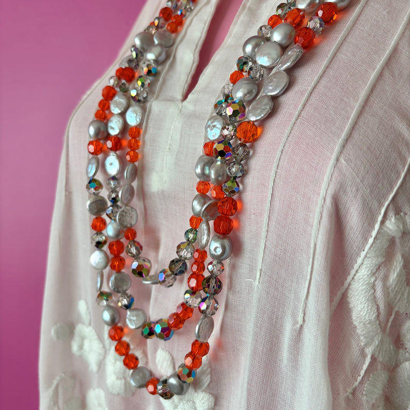 Three-Strand Vintage Orange Crystal and Pearl Beaded Necklace