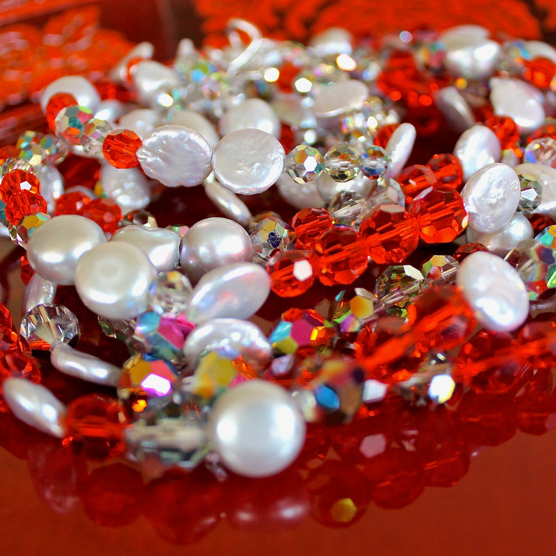 Three-Strand Vintage Orange Crystal and Pearl Beaded Necklace
