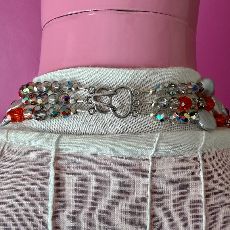 Three-Strand Vintage Orange Crystal and Pearl Beaded Necklace
