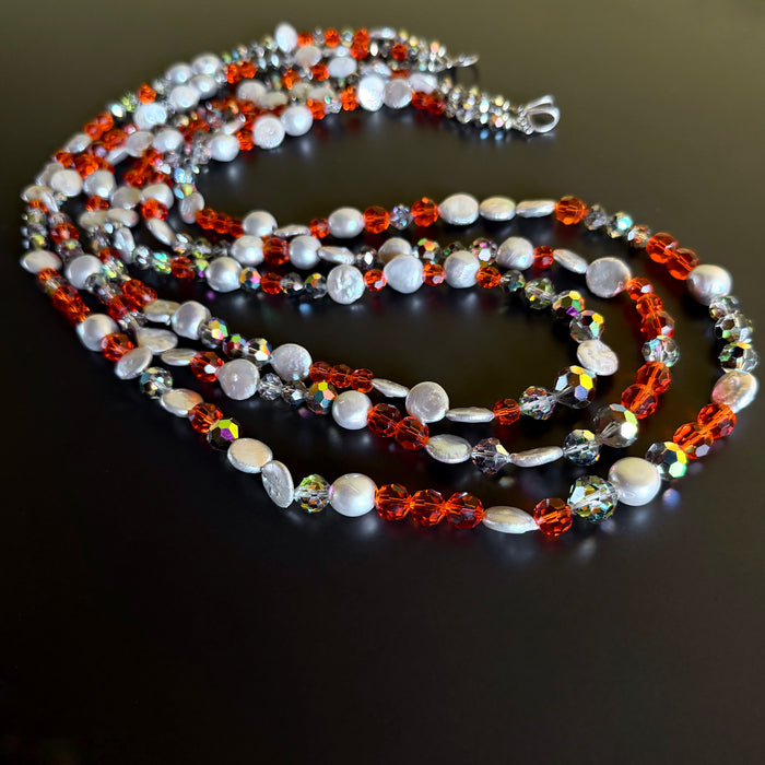 Three-Strand Vintage Orange Crystal and Pearl Beaded Necklace