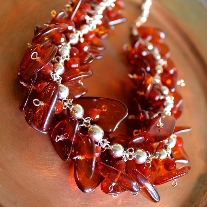 Baltic Cognac Amber Carnelian Sterling Silver Ball Chain Necklace