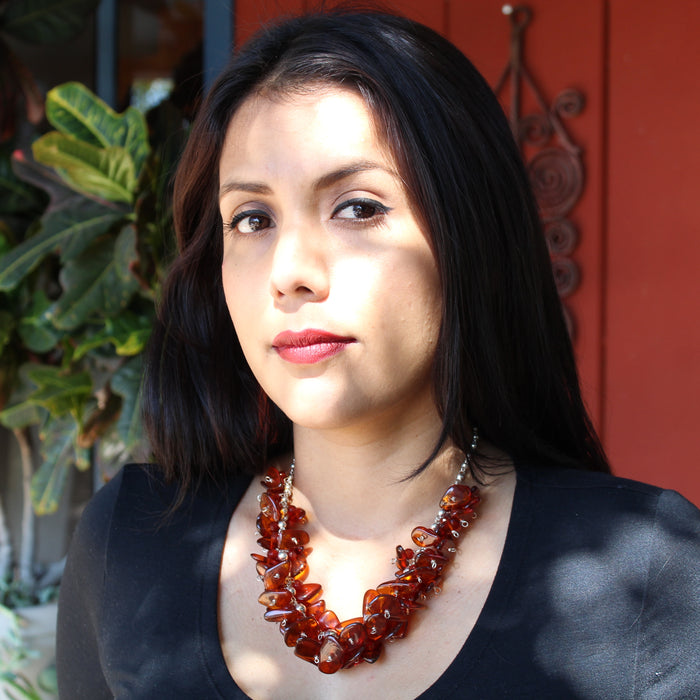 Baltic Cognac Amber Carnelian Sterling Silver Ball Chain Necklace