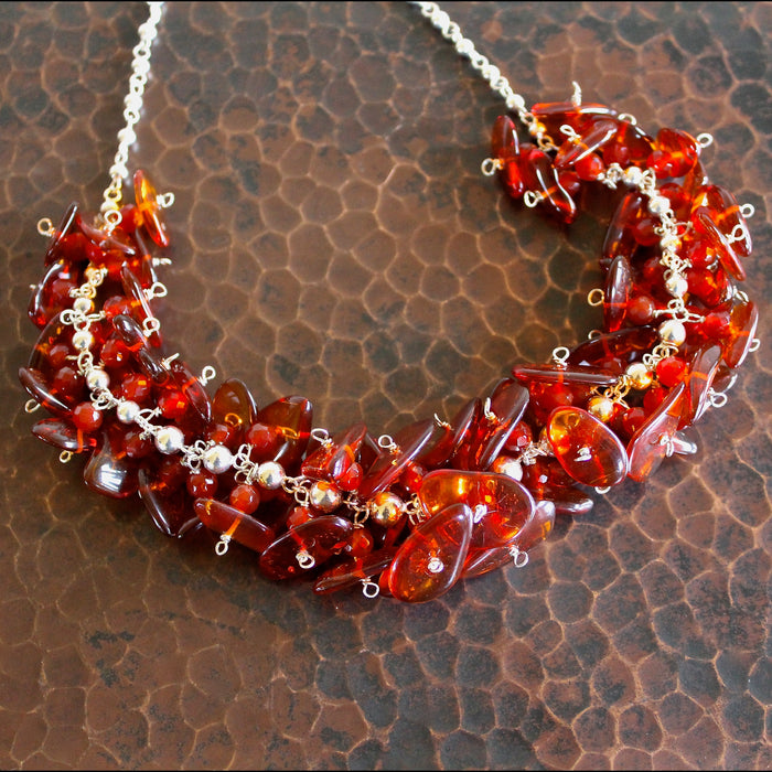 Baltic Cognac Amber Carnelian Sterling Silver Ball Chain Necklace