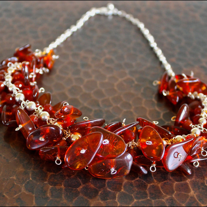 Baltic Cognac Amber Carnelian Sterling Silver Ball Chain Necklace
