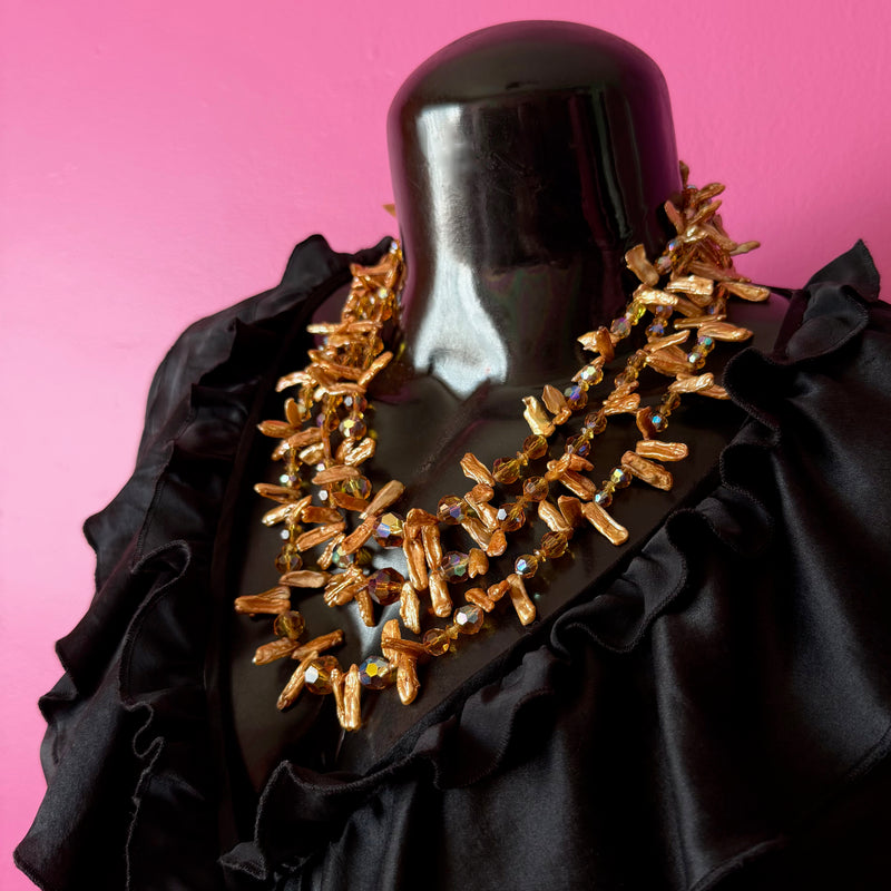 Three-Strand Vintage Brown Crystal and Golden Stick Pearl Beaded Necklace