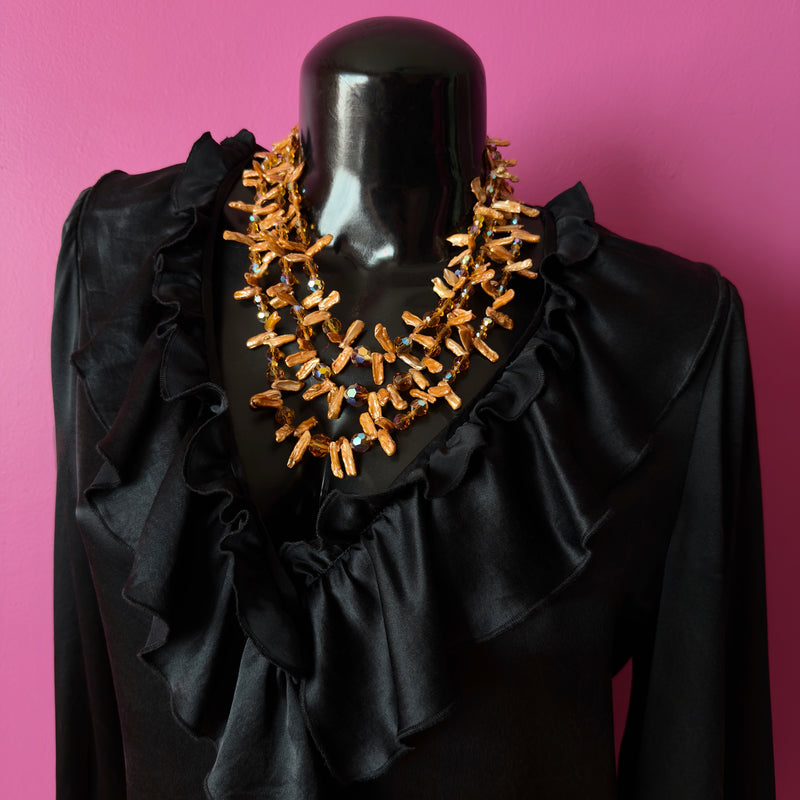 Three-Strand Vintage Brown Crystal and Golden Stick Pearl Beaded Necklace