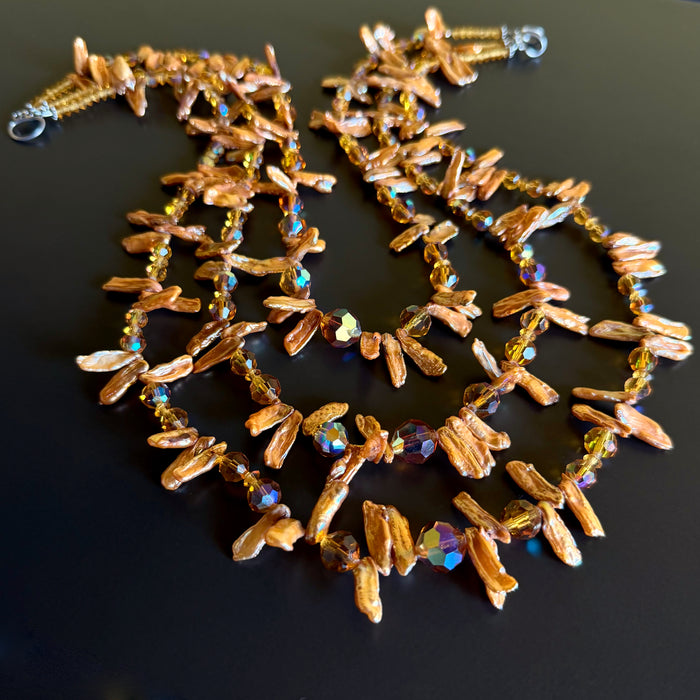 Three-Strand Vintage Brown Crystal and Golden Stick Pearl Beaded Necklace