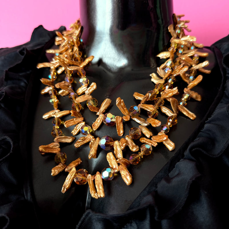 Three-Strand Vintage Brown Crystal and Golden Stick Pearl Beaded Necklace