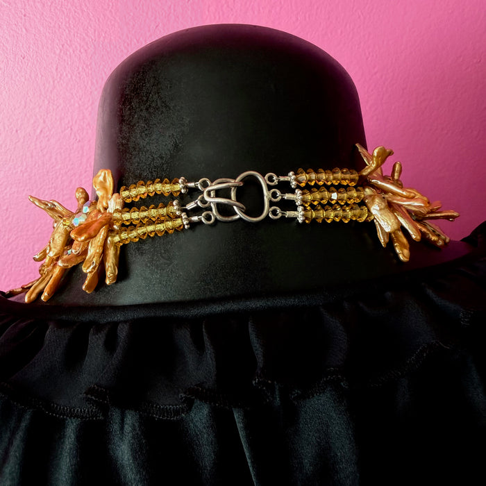 Three-Strand Vintage Brown Crystal and Golden Stick Pearl Beaded Necklace