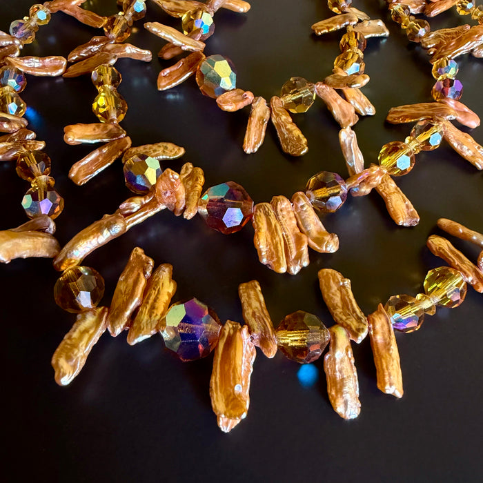 Three-Strand Vintage Brown Crystal and Golden Stick Pearl Beaded Necklace
