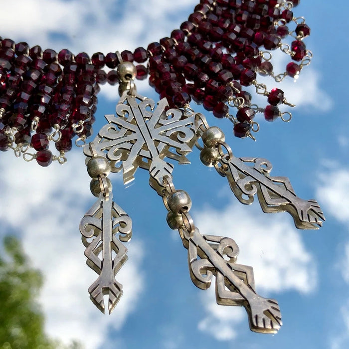 Garnet Sterling Silver Yalalag Cross Beaded Collar Necklace
