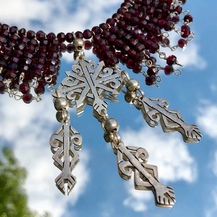 Garnet Sterling Silver Yalalag Cross Beaded Collar Necklace