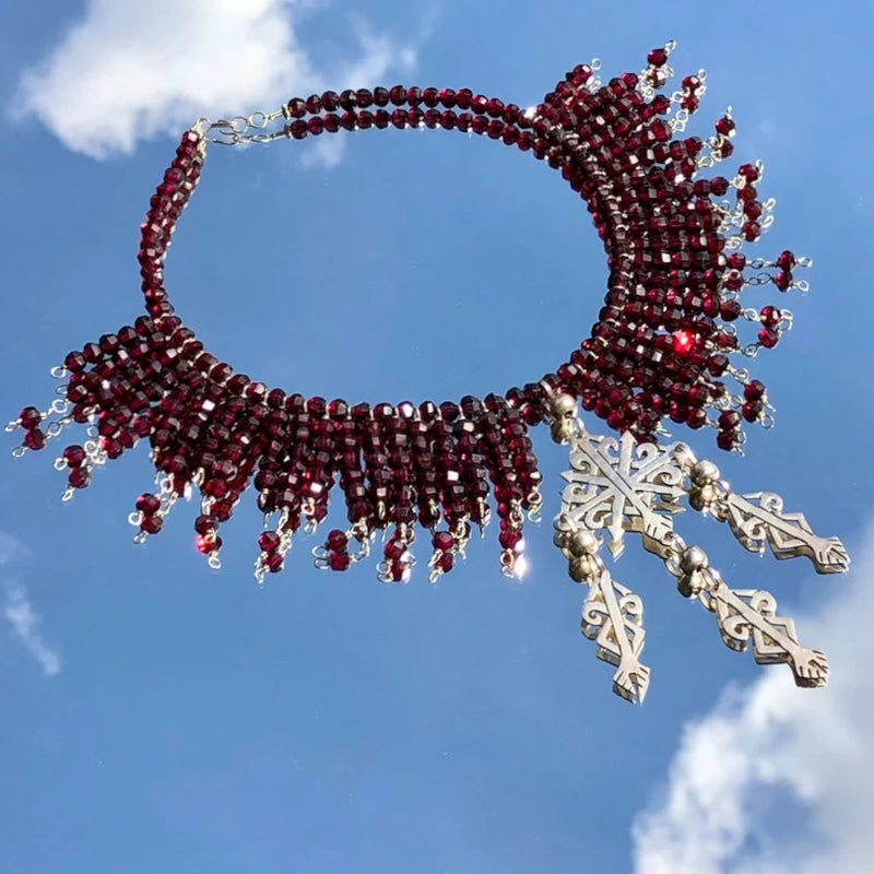 Garnet Sterling Silver Yalalag Cross Beaded Collar Necklace