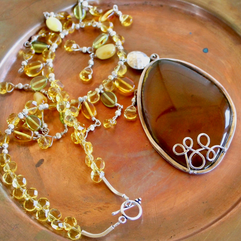 Baltic Honey Amber Pendant Teardrop Citrine Beaded Necklace