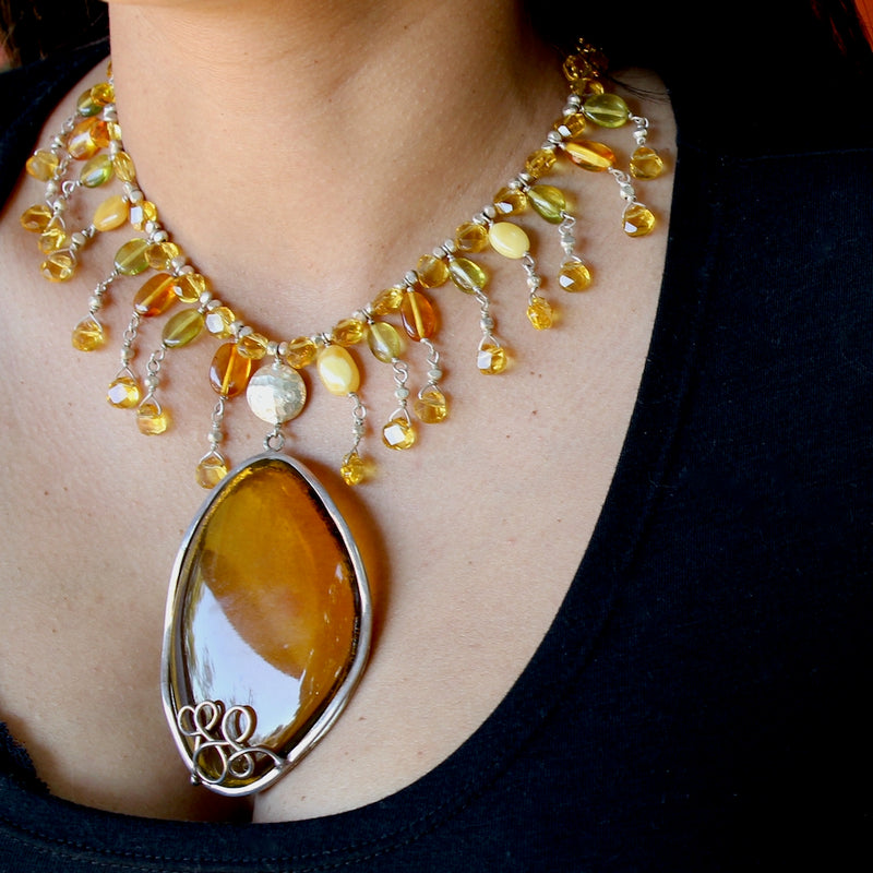 Baltic Honey Amber Pendant Teardrop Citrine Beaded Necklace