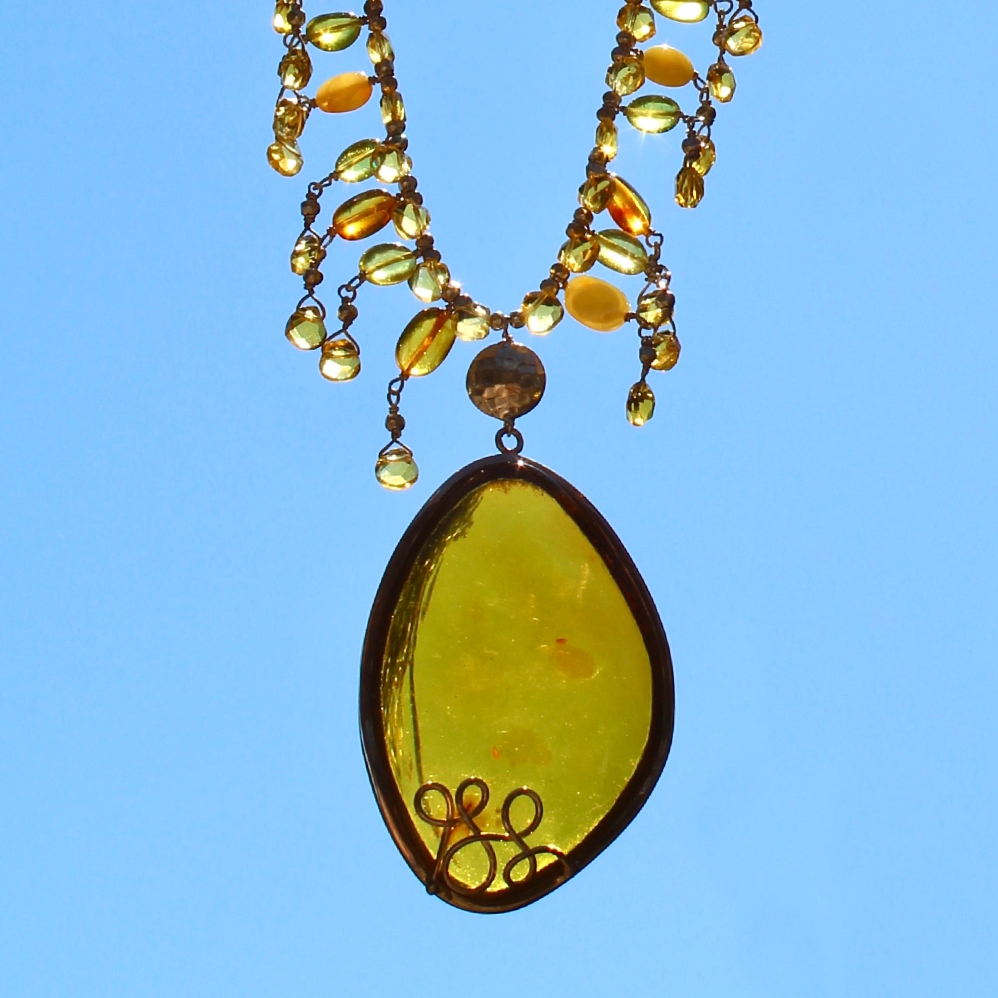 Baltic Honey Amber Pendant Teardrop Citrine Beaded Necklace