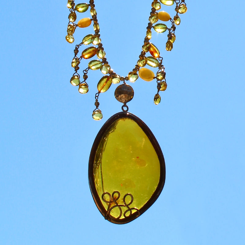 Baltic Honey Amber Pendant Teardrop Citrine Beaded Necklace