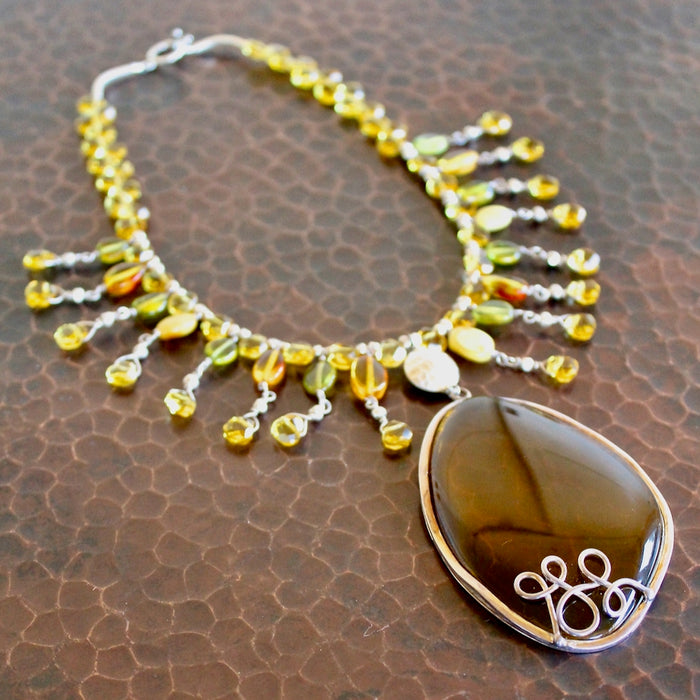 Baltic Honey Amber Pendant Teardrop Citrine Beaded Necklace