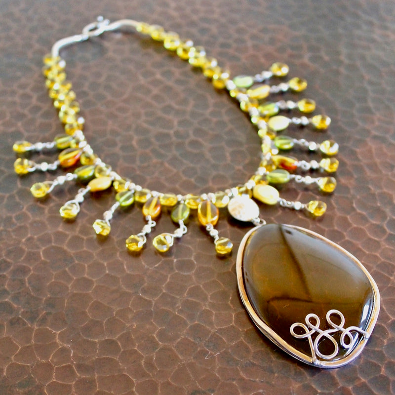 Baltic Honey Amber Pendant Teardrop Citrine Beaded Necklace