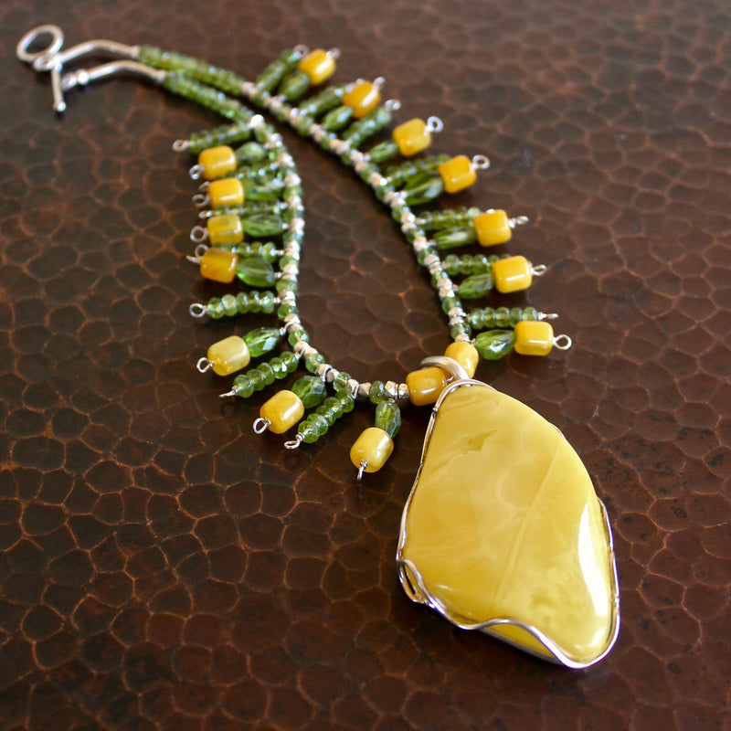 Baltic Butterscotch Amber Pendant Peridot Beaded Collar Necklace