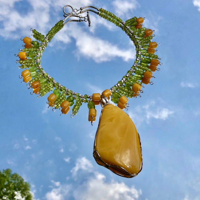 Baltic Butterscotch Amber Pendant Peridot Beaded Collar Necklace