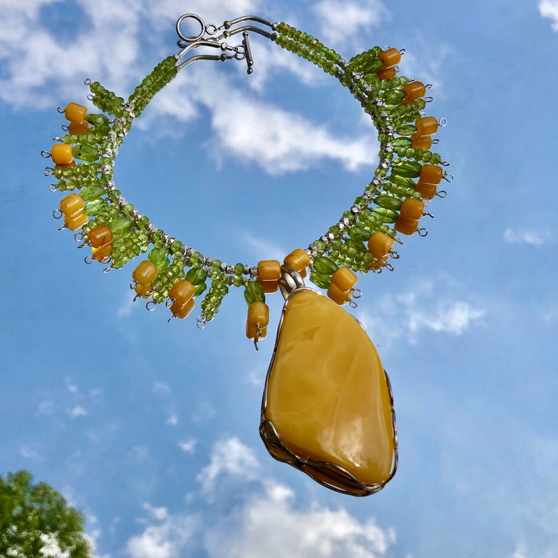 Baltic Butterscotch Amber Pendant Peridot Beaded Collar Necklace