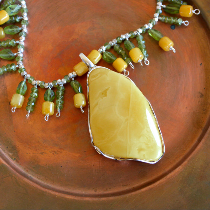 Baltic Butterscotch Amber Pendant Peridot Beaded Collar Necklace