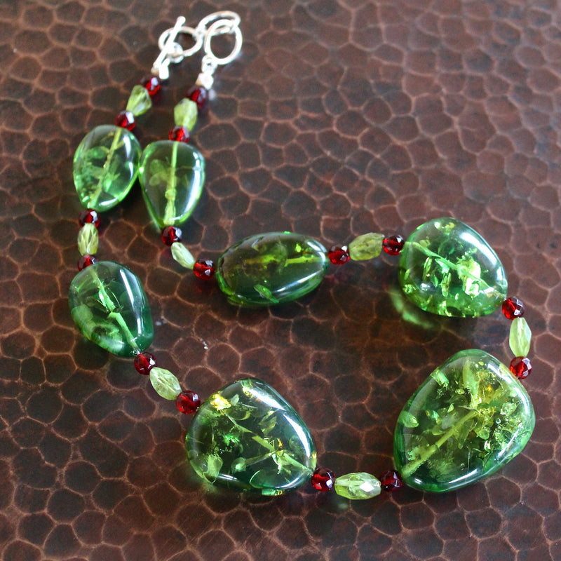 Green Caribbean Amber Baltic Red Peridot Beaded Necklace