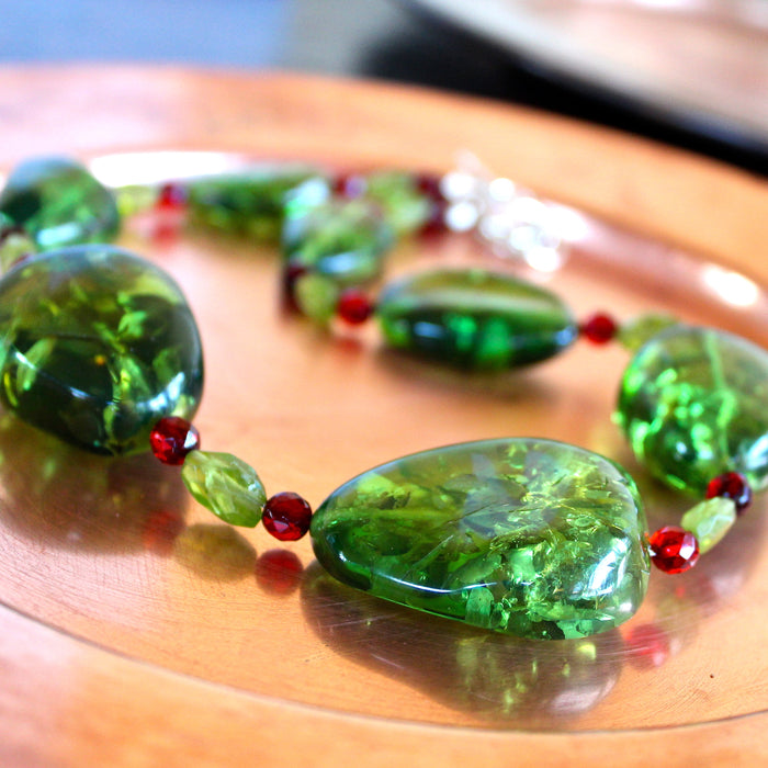 Green Caribbean Amber Baltic Red Peridot Beaded Necklace