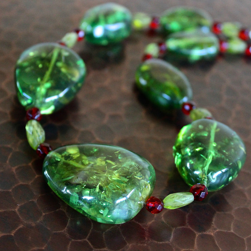 Green Caribbean Amber Baltic Red Peridot Beaded Necklace