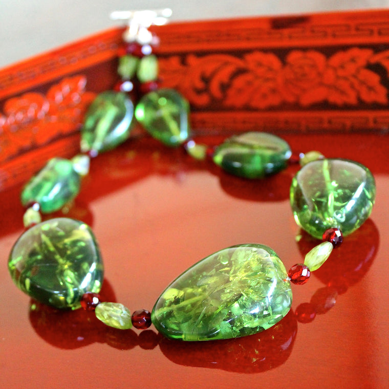 Green Caribbean Amber Baltic Red Peridot Beaded Necklace