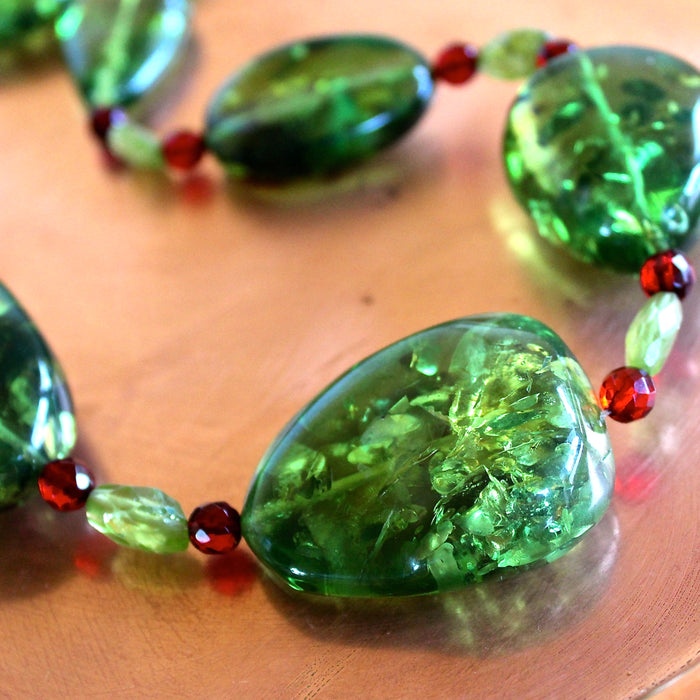 Green Caribbean Amber Baltic Red Peridot Beaded Necklace