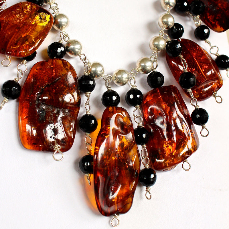 Baltic Whiskey Amber Onyx Sterling Silver Ball Chain Necklace