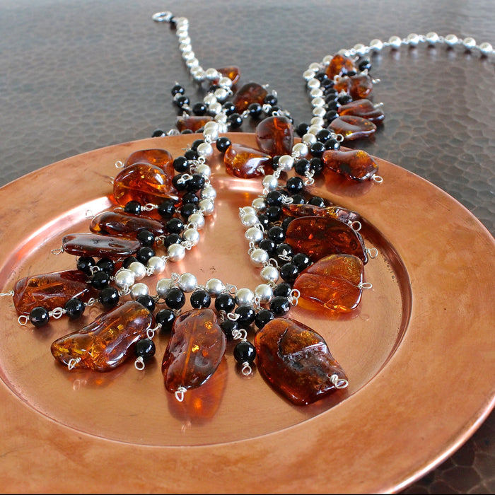 Baltic Whiskey Amber Onyx Sterling Silver Ball Chain Necklace