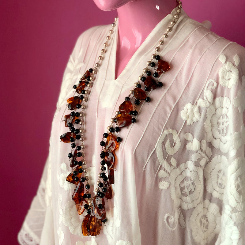 Baltic Whiskey Amber Onyx Sterling Silver Ball Chain Necklace