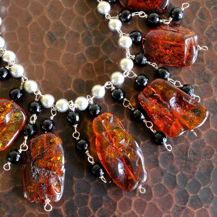 Baltic Whiskey Amber Onyx Sterling Silver Ball Chain Necklace