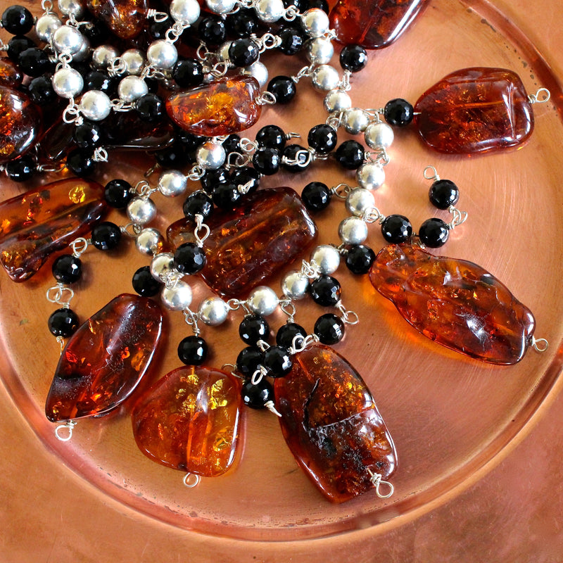 Baltic Whiskey Amber Onyx Sterling Silver Ball Chain Necklace