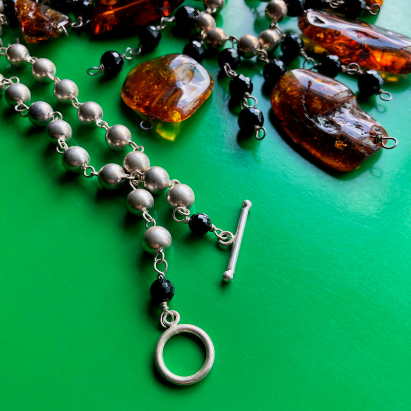 Baltic Whiskey Amber Onyx Sterling Silver Ball Chain Necklace