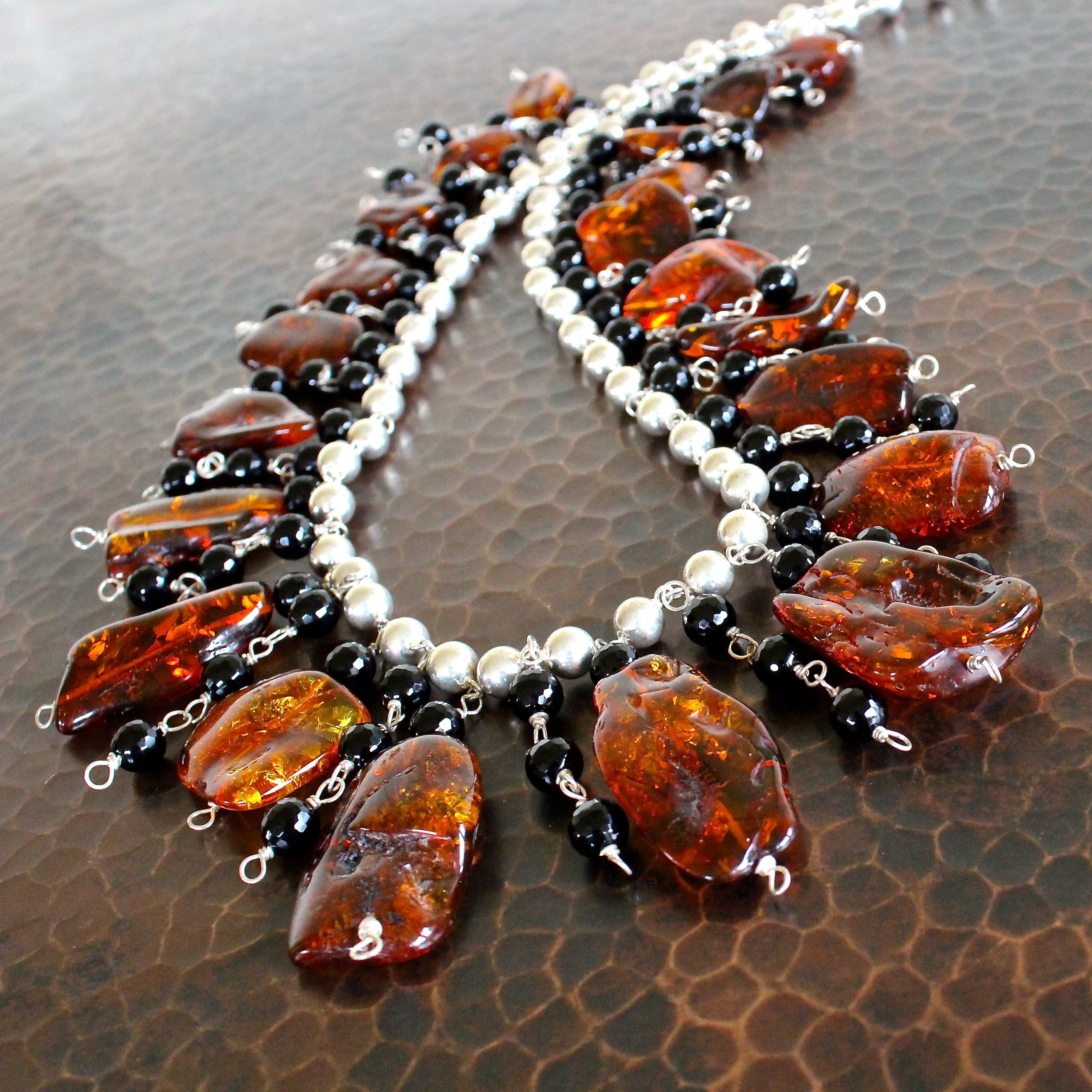 Baltic Whiskey Amber Onyx Sterling Silver Ball Chain Necklace