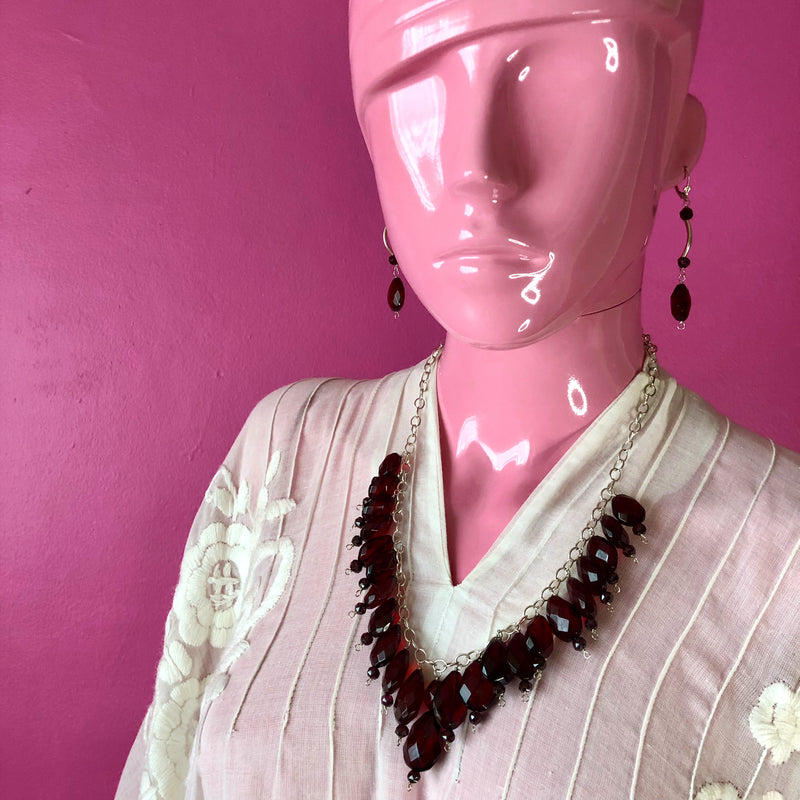 Baltic Red Amber Faceted Garnet Beads Necklace Earrings Set