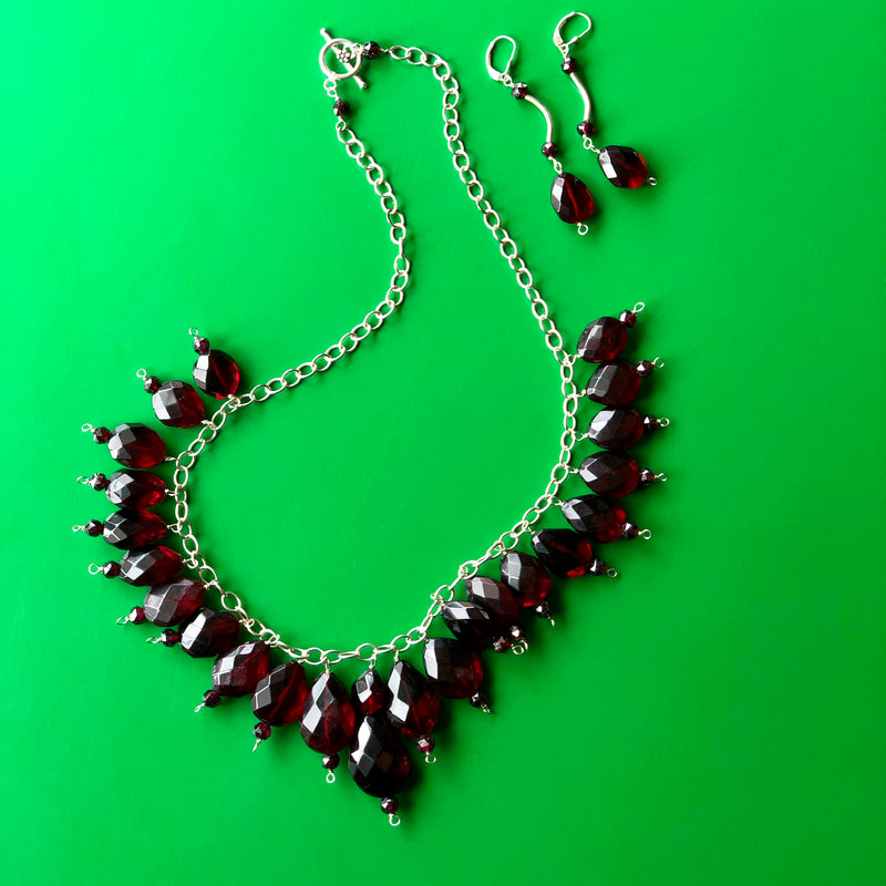 Baltic Red Amber Faceted Garnet Beads Necklace Earrings Set