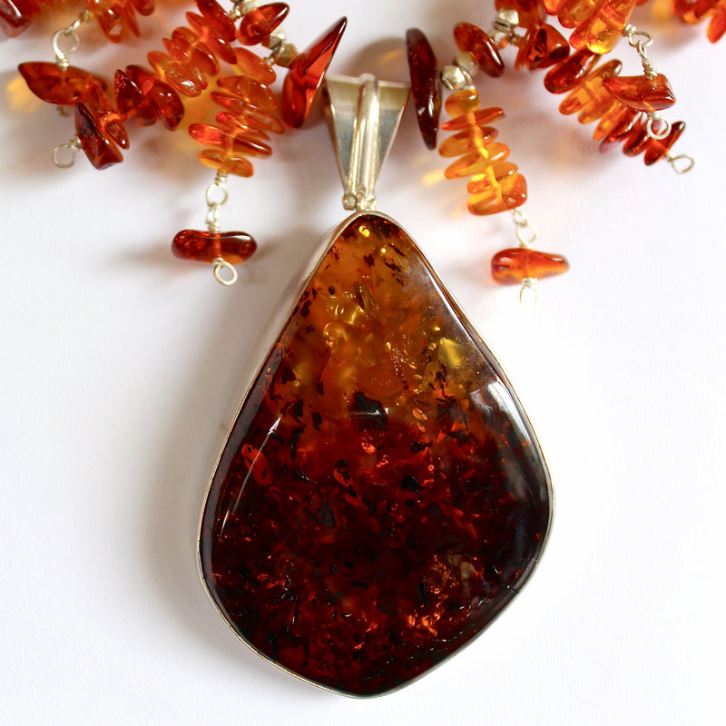 Baltic Whiskey Amber Sterling Pendant Beaded Collar Necklace