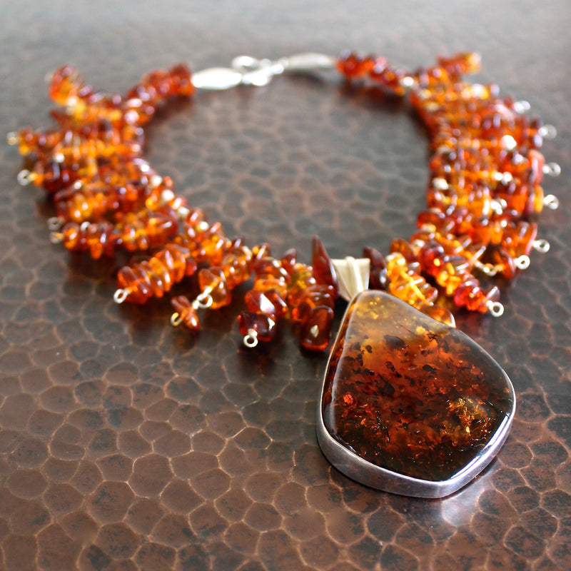 Baltic Whiskey Amber Sterling Pendant Beaded Collar Necklace