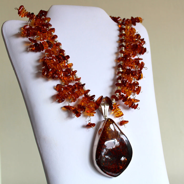 Baltic Whiskey Amber Sterling Pendant Beaded Collar Necklace