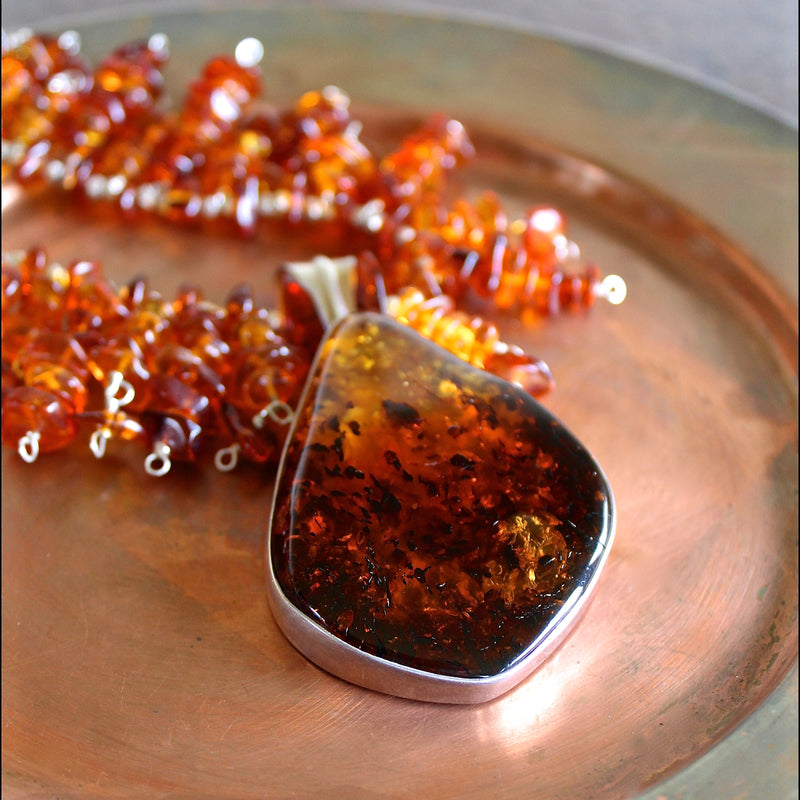 Baltic Whiskey Amber Sterling Pendant Beaded Collar Necklace